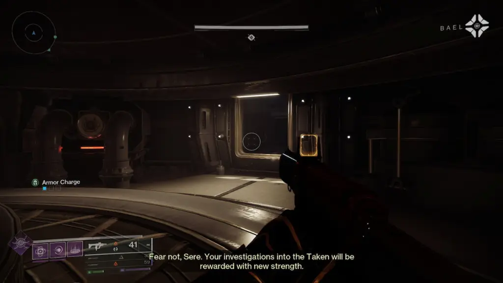 Um corredor escuro que abriga o último Equilibrium colecionável em Destiny 2.