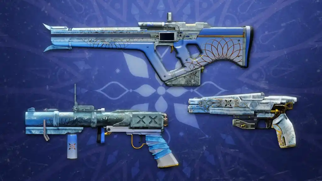 As três armas em 2025 Dawning de Destiny 2: Fimbulwinter Stitch, Mistral Lift e Permafrost