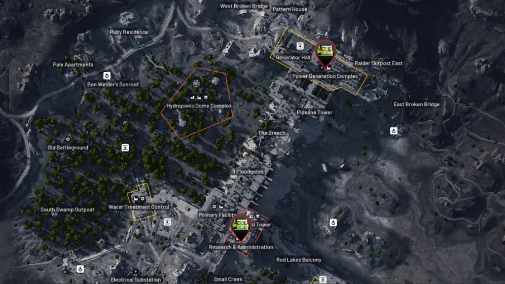 Renderização 3D de Dam Battlegrounds com pinos marcando vários locais em ARC Raiders.