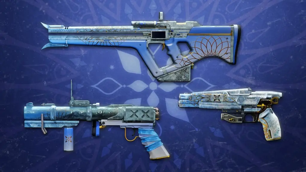 As três armas em 2025 Dawning de Destiny 2: Fimbulwinter Stitch, Mistral Lift e Permafrost