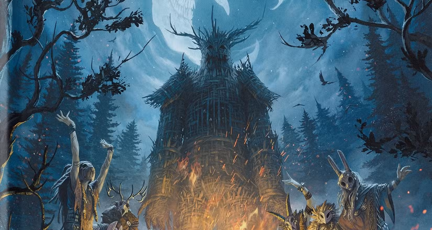 Um detalhe da capa do livro de referência D&D 5E da Avantris Entertainment, The Crooked Moon, mostrando personagens dançando ao redor de uma fogueira com um sinistro homem de vime com chifres pairando sobre eles