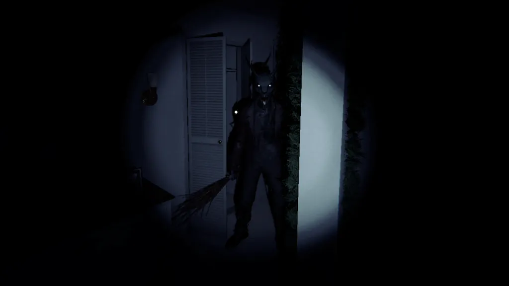 Krampus parado em um corredor escuro com fasmofobia