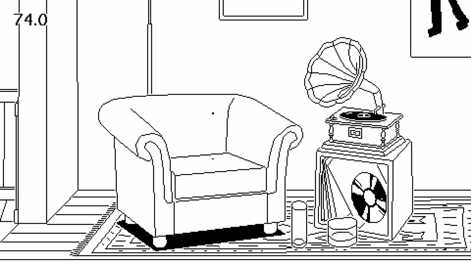 Captura de tela do Time Flies mostrando uma cadeira ao lado de um toca-discos