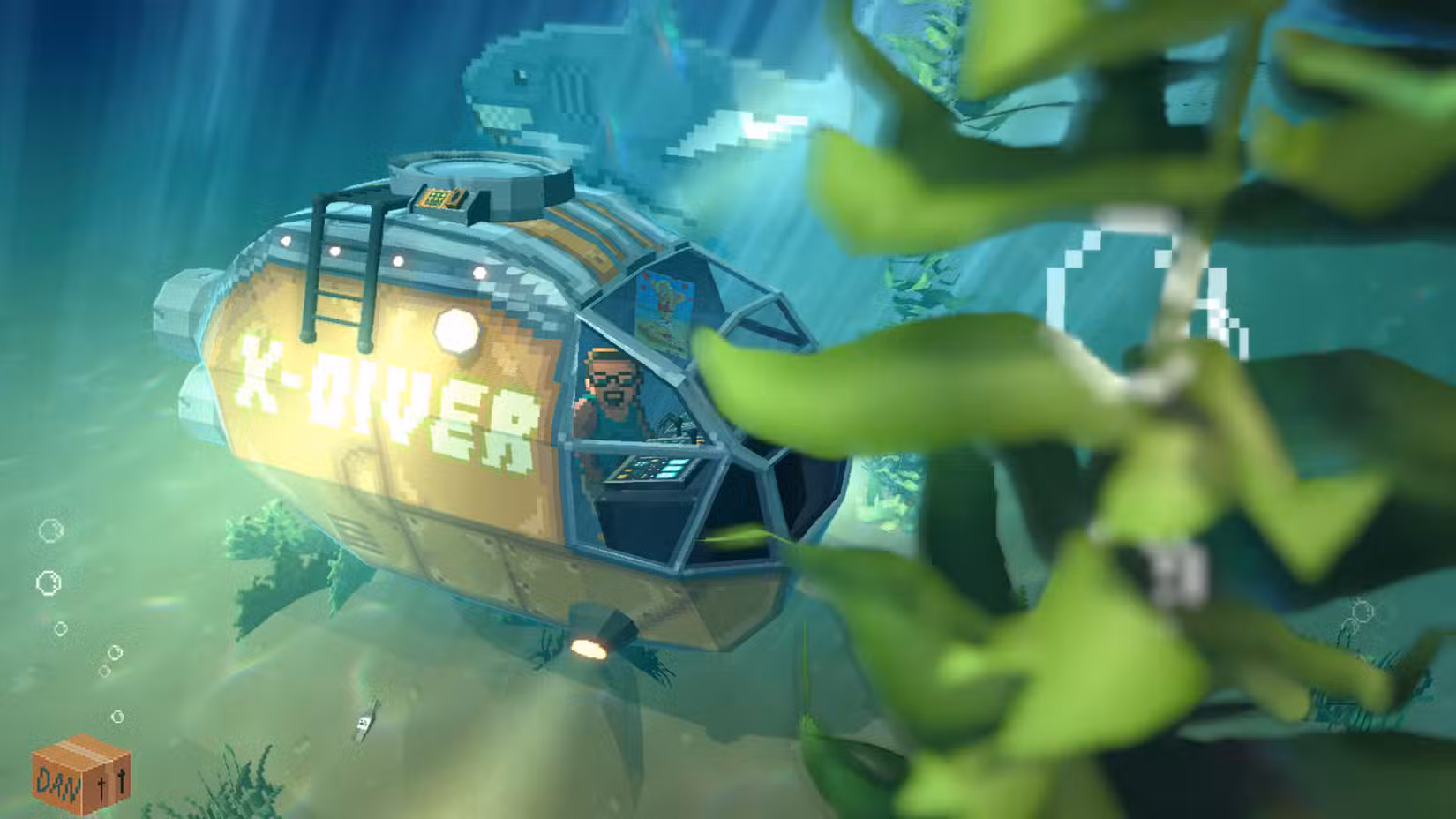 Captura de tela de Wildwood Down mostrando um homem debaixo d'água em um submarino