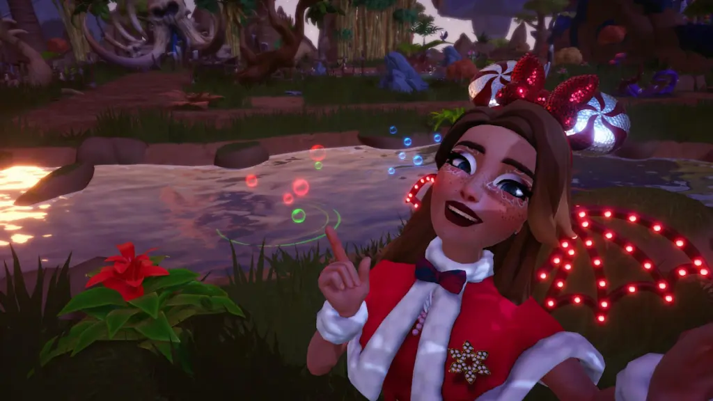 Apontando para uma bolha vermelha e verde no Disney Dreamlight Valley
