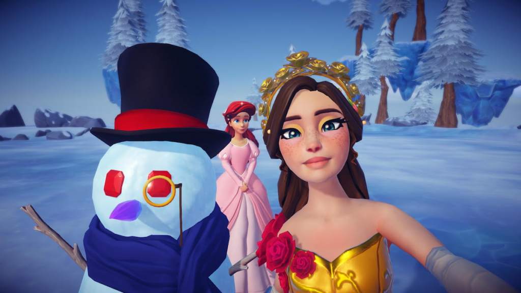 Tirando foto com o boneco de neve no Disney Dreamlight Valley