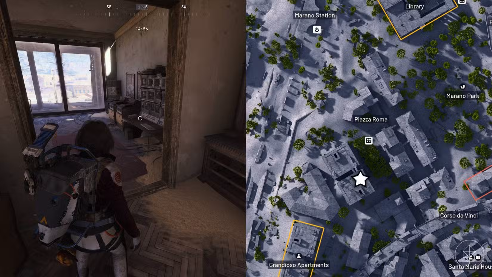 A metade esquerda da imagem mostra o jogador em frente ao objetivo na Piazza Roma em Buried City em Arc Raiders, enquanto a metade direita mostra o local marcado no mapa por uma estrela.