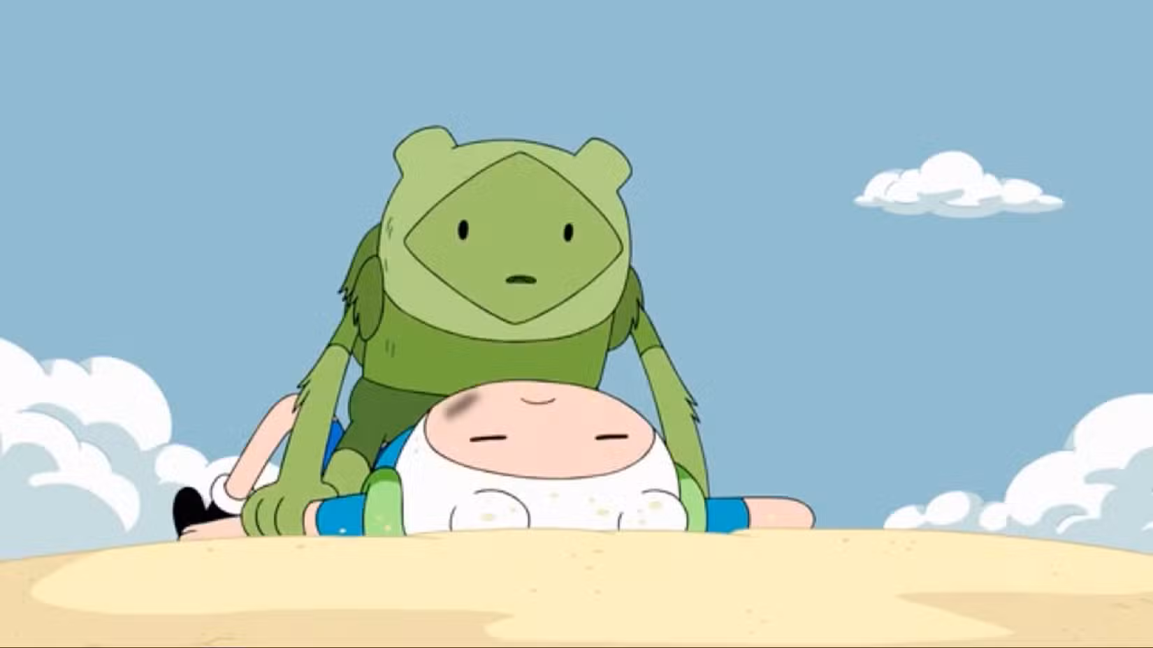 Cena de Hora de Aventura de Fern em cima de Finn parecendo confuso