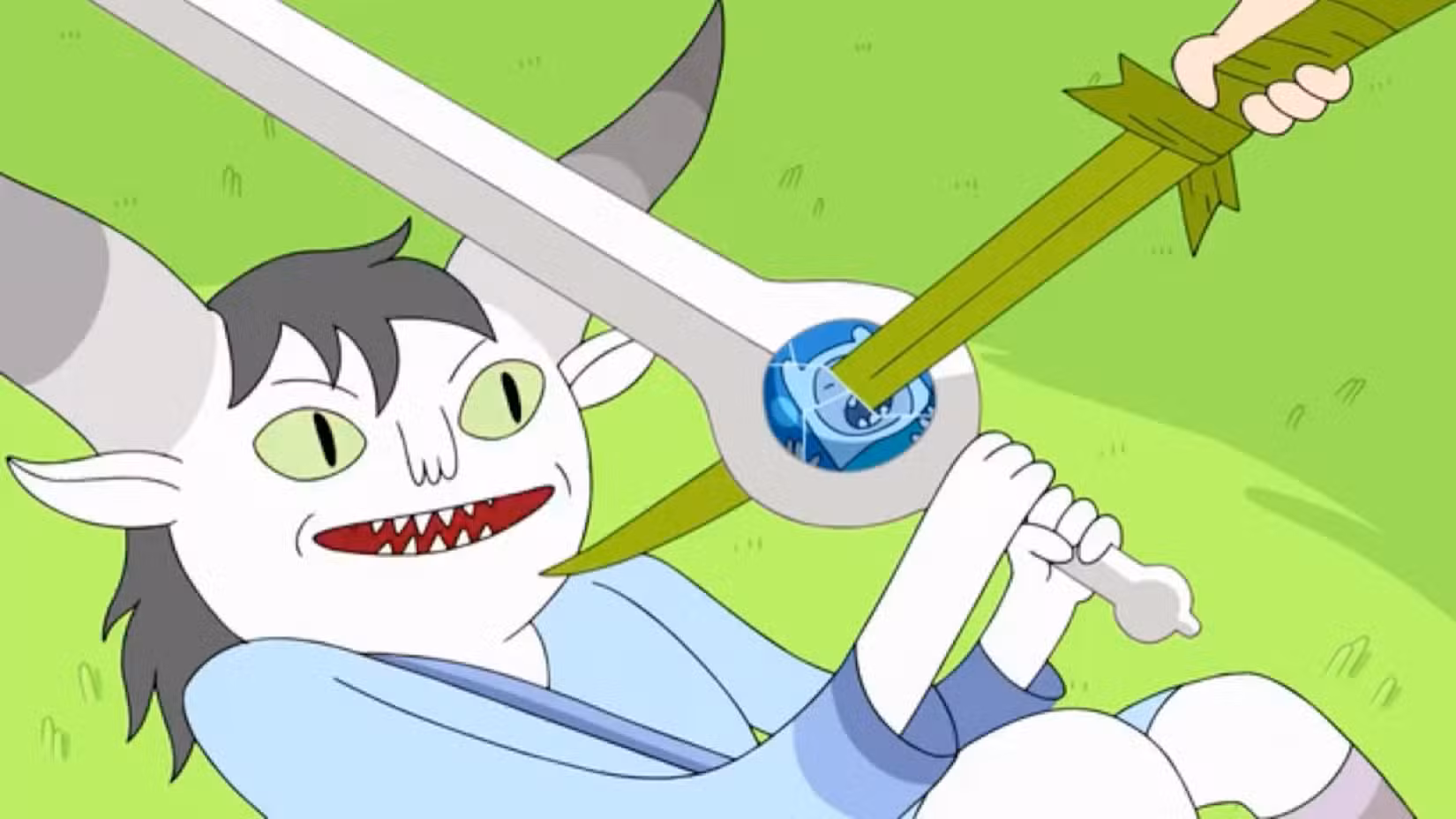 Cena de Hora de Aventura da espada de grama perfurando o cristal da espada Finn com Finn dentro
