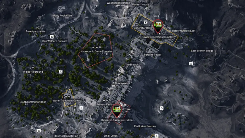 Pinos de mapa colocados em vários locais em Dam Battlegrounds em ARC Raiders.