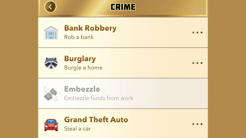 Menu crime BitLife