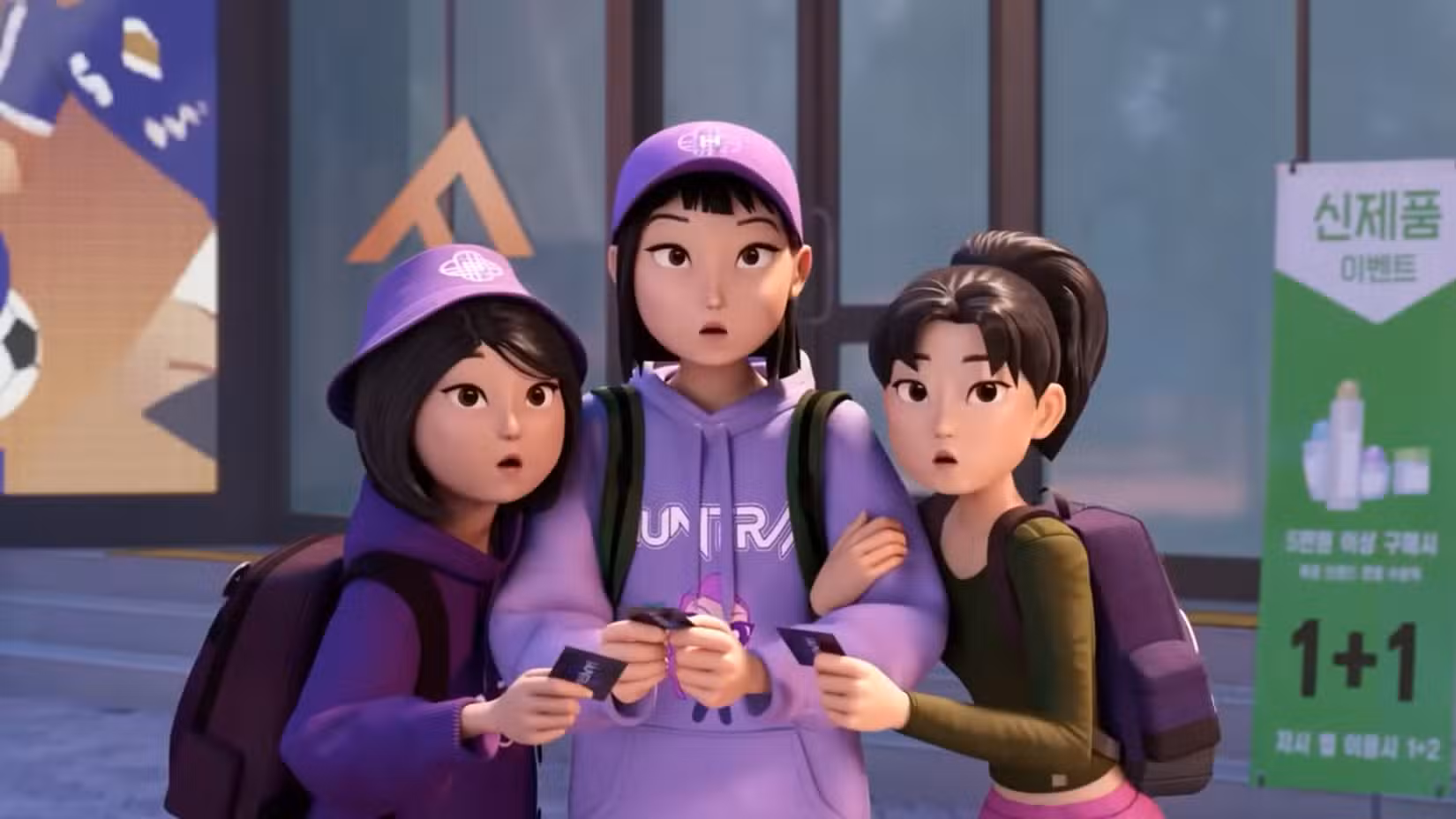 Um trio de jovens fãs de HUNTR/X, que são claramente adolescentes, se reúnem em KPop Demon Hunters