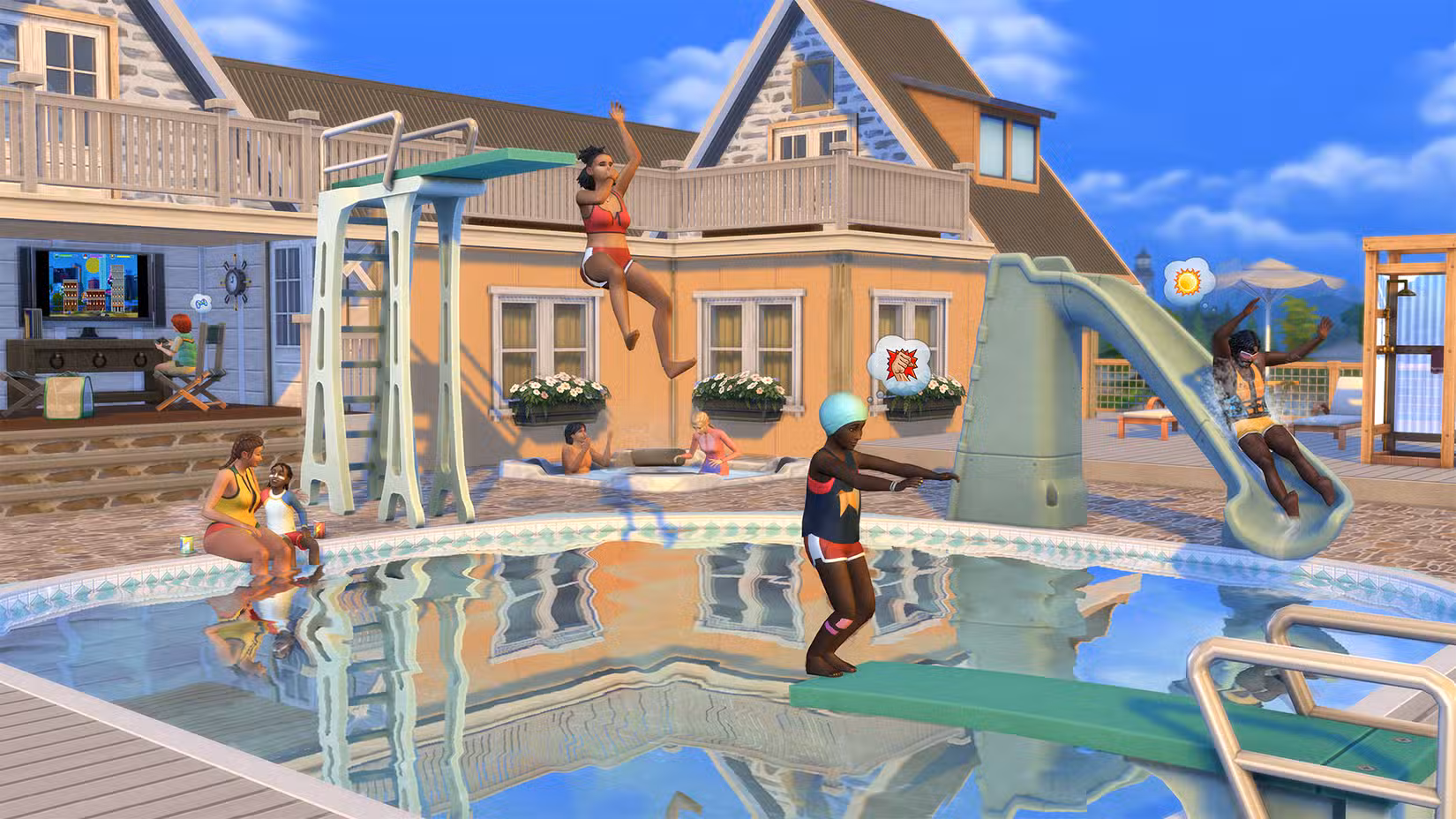Sims de todas as idades em The Sims 4 Adventure Awaits usando trampolins e escorregadores em uma piscina