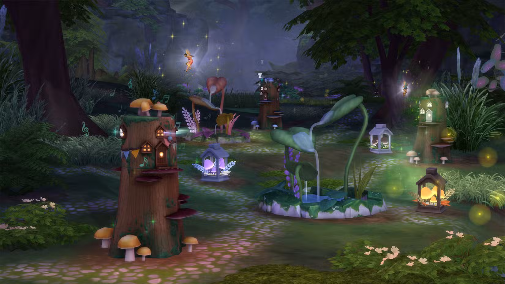 The Sims 4 Enchanted by Nature's world of Innisgreen, mostrando uma casa de fadas em um tronco e plantas mágicas