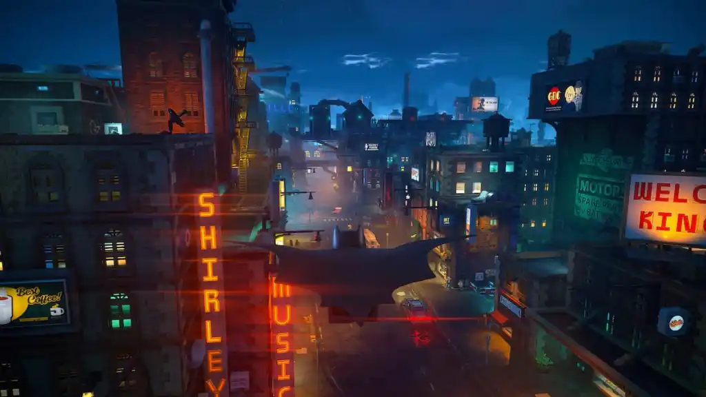 Lego Batman Legado do Cavaleiro das Trevas planando em mundo aberto