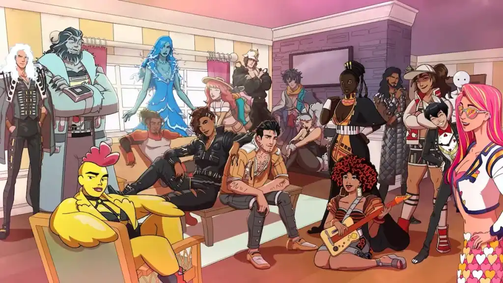 Um monte de personagens reunidos em uma sala namorando tudo