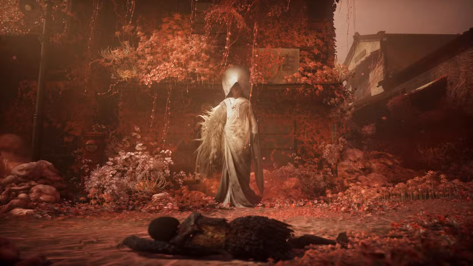 Hinako deita no chão, inconsciente, diante de um estranho monstro vestido de noiva, no meio de Ebisugaoka. Lírios-aranha vermelhos cercam os dois personagens.