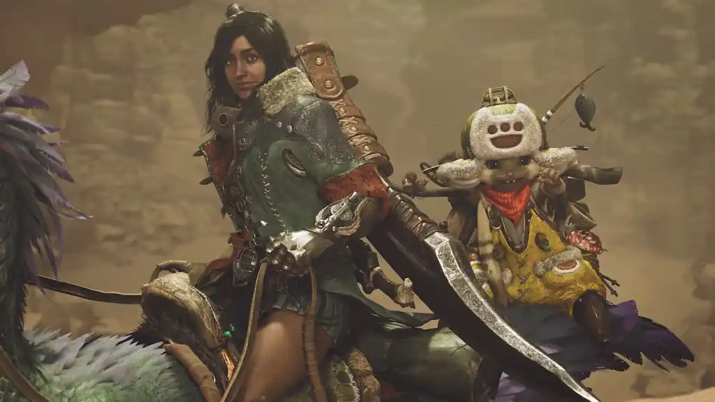 Monster Hunter Wilds - Caçadora e gata Palico