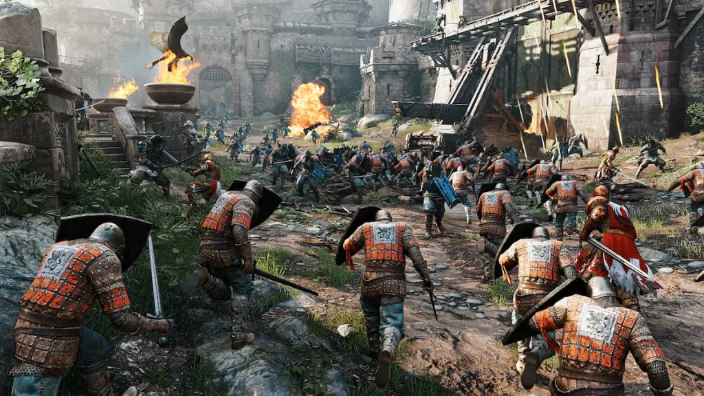 Um monte de personagens menores correndo para a batalha em For Honor. 