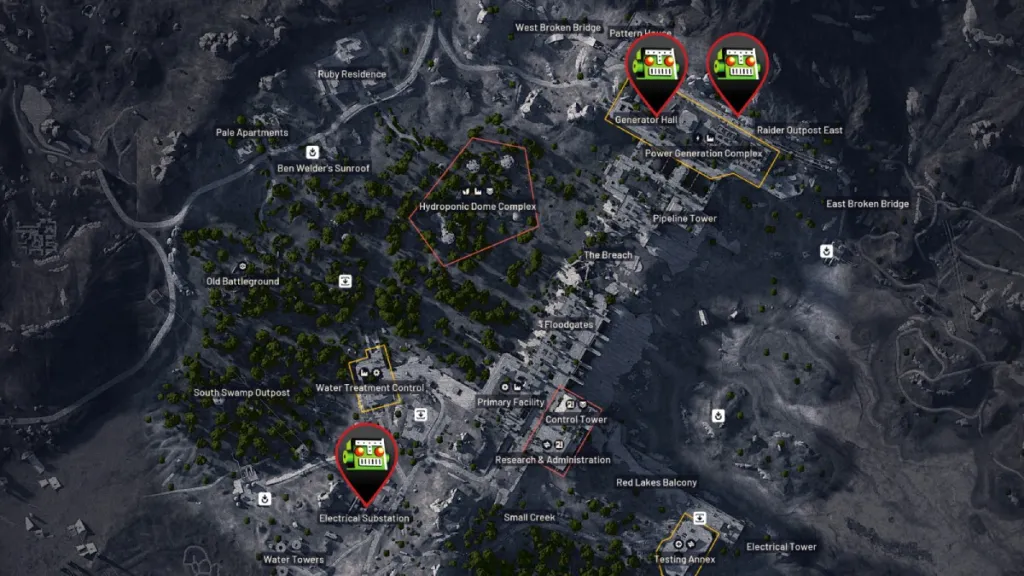 Renderização 3D parcial do mapa Dam Battlegrounds em ARC Raiders com vários locais marcados com alfinetes com a imagem de Destructoid. 