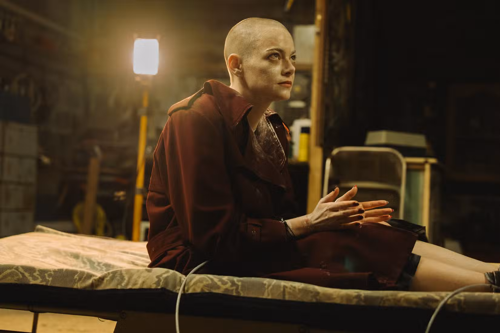Emma Stone, careca e pálida, amarrada a uma cama em um porão mal iluminado em Bugonia