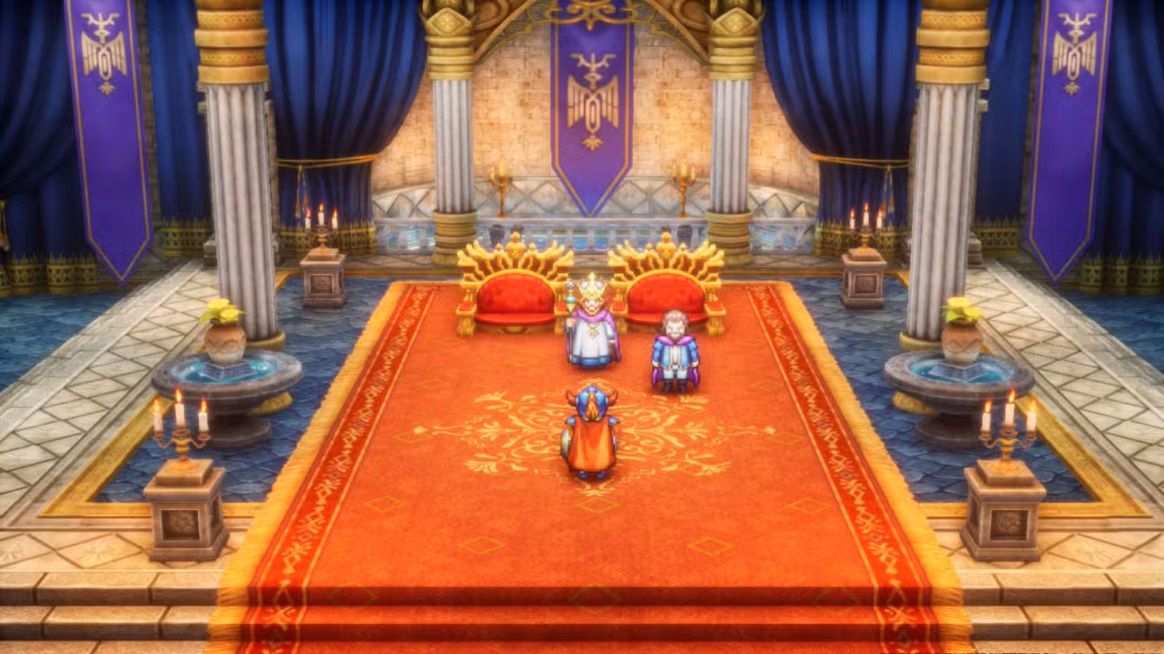 Uma captura de tela de Dragon Quest 1 HD-2D Remake mostrando o herói conversando com o rei