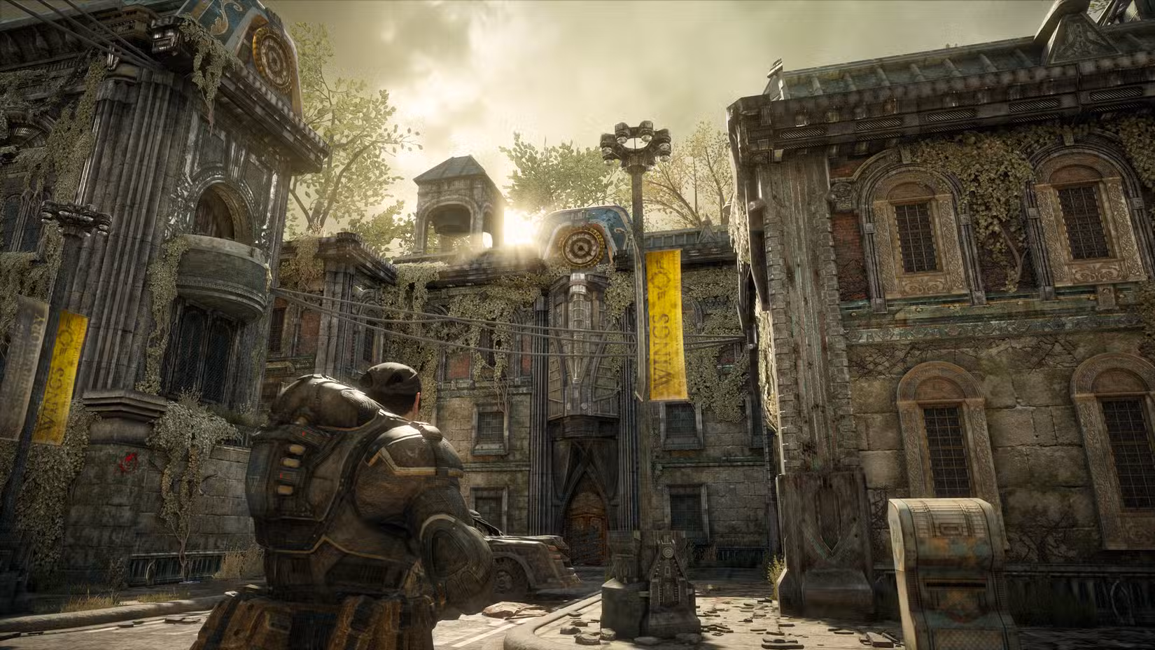 Marcus Fenix ​​em um nível externo em Gears of War: Reloaded.