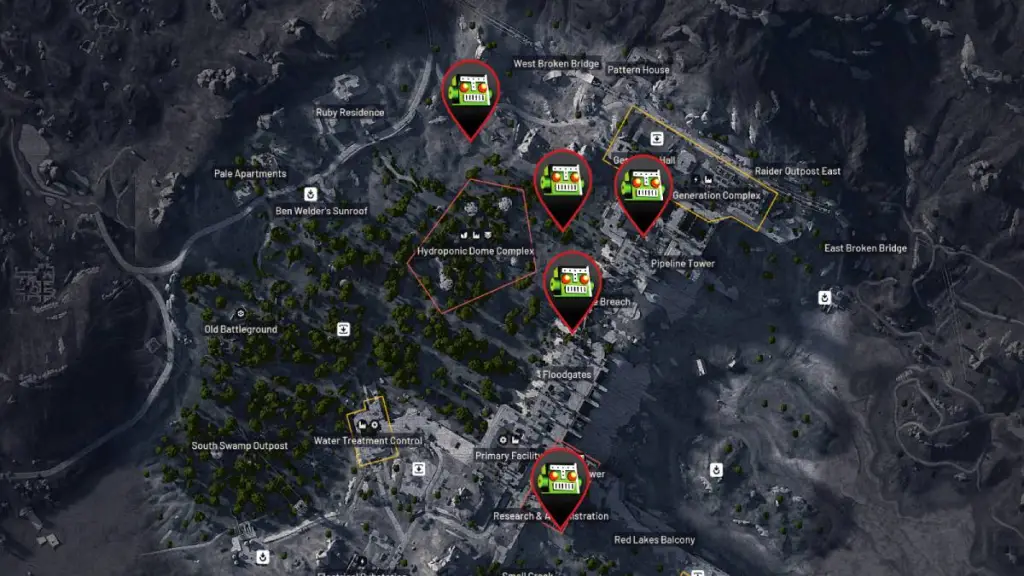 Locais de núcleos de disparo de sentinela em campos de batalha de barragens em ARC Raiders.