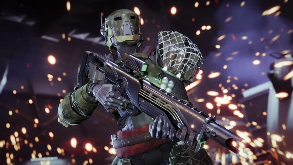 Uma imagem de um guardião com o rifle de pulso New Malpais na mão.