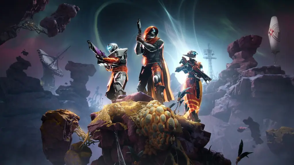 Três Guardiões vestidos com armadura Edge of Fate posam para uma imagem promocional em Destiny 2