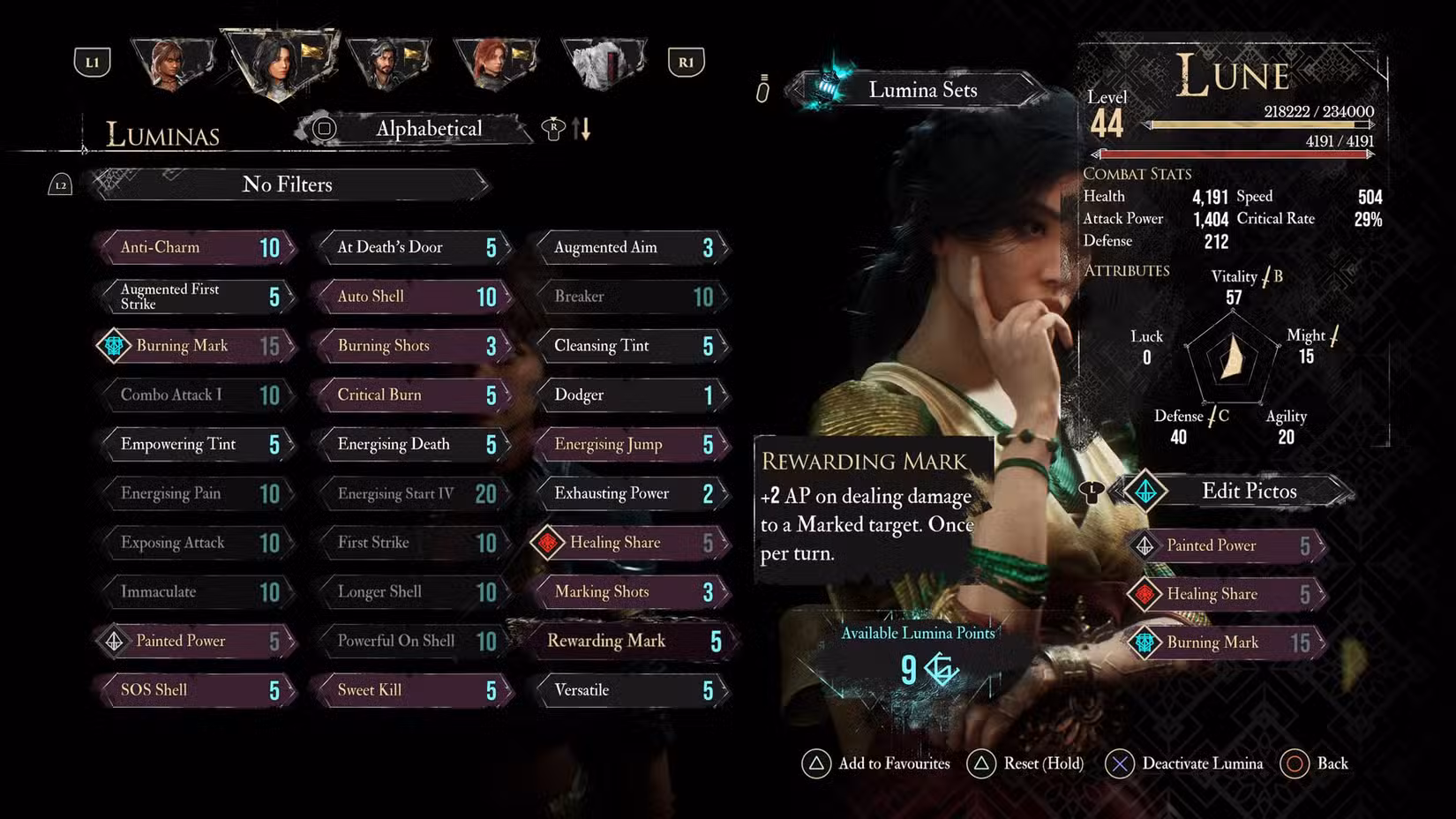 Uma captura de tela de Clair Obscur mostrando as melhores Luminas de Lune
