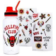 Silver Buffalo Stranger Things Hellfire Club Garrafa de água com bico torcido de 32 onças e conjunto de adesivos