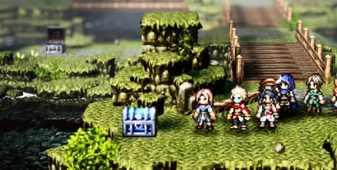 Uma captura de tela do Octopath Traveler 0 mostrando personagens parados em um campo verde com um baú de tesouro azul na frente deles.