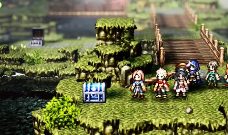 Uma captura de tela do Octopath Traveler 0 mostrando personagens parados em um campo verde com um baú de tesouro azul na frente deles.