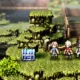 Uma captura de tela do Octopath Traveler 0 mostrando personagens parados em um campo verde com um baú de tesouro azul na frente deles.