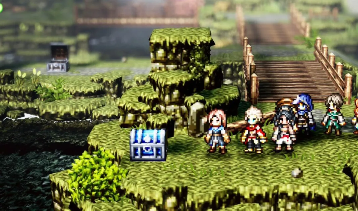 Uma captura de tela do Octopath Traveler 0 mostrando personagens parados em um campo verde com um baú de tesouro azul na frente deles.