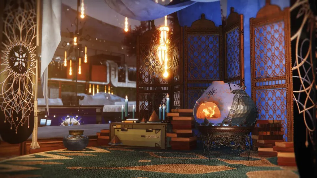 Forno festivo de Eva Levante na Torre, visto na arte promocional de Dawning in Destiny 2.