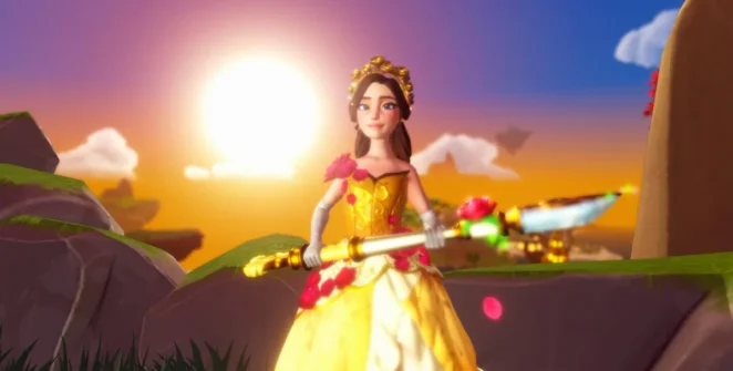 Segurando uma pá em frente ao pôr do sol no Disney Dreamlight Valley