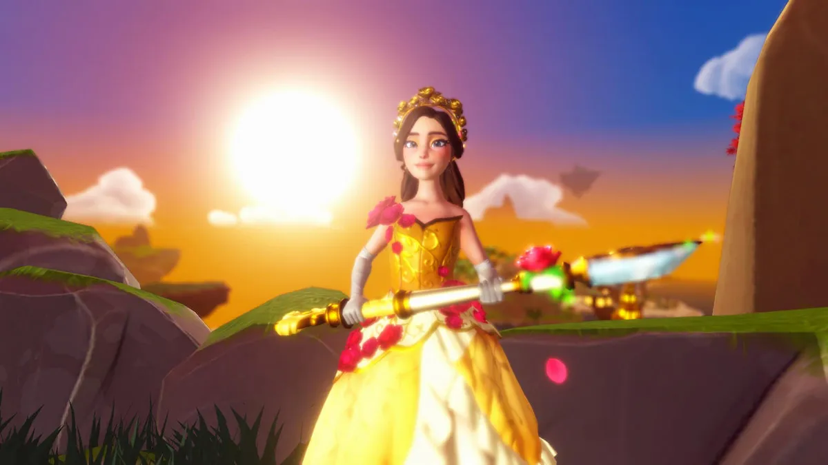 Segurando uma pá em frente ao pôr do sol no Disney Dreamlight Valley