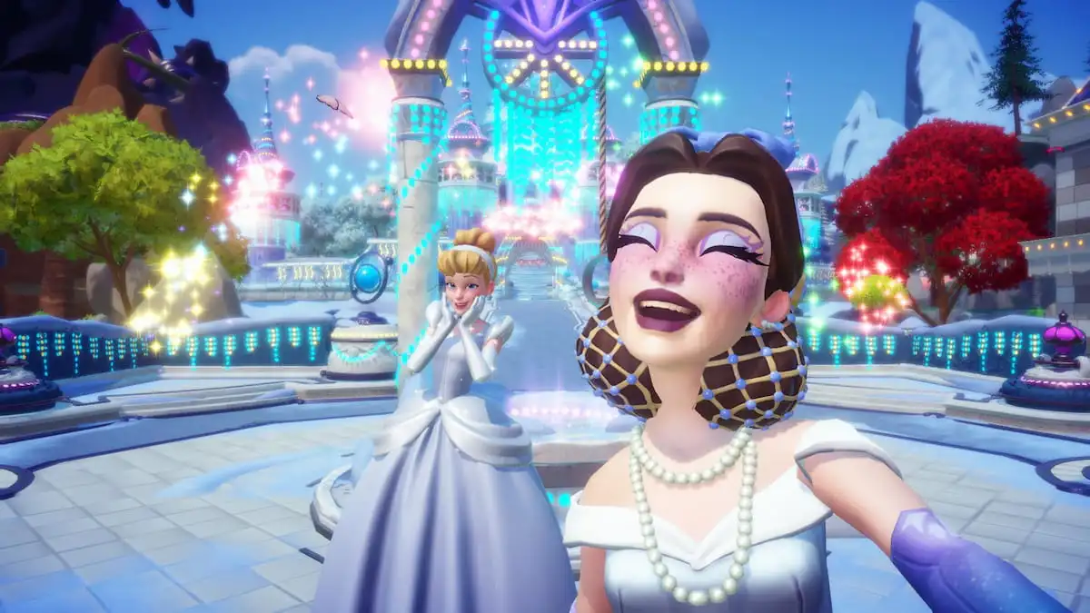 Tirando uma foto com a Cinderela no Disney Dreamlight Valley