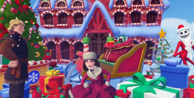 Ajoelhado cercado por caixas de presente no Disney Dreamlight Valley