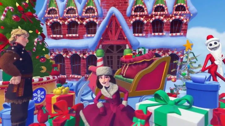 Ajoelhado cercado por caixas de presente no Disney Dreamlight Valley
