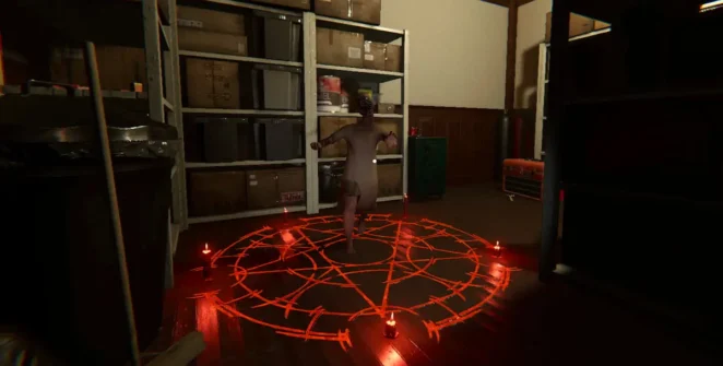 Um pequeno fantasma infantil correndo em um círculo de invocação em fasmofobia