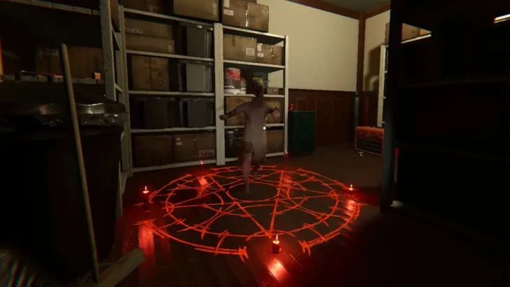 Um pequeno fantasma infantil correndo em um círculo de invocação em fasmofobia