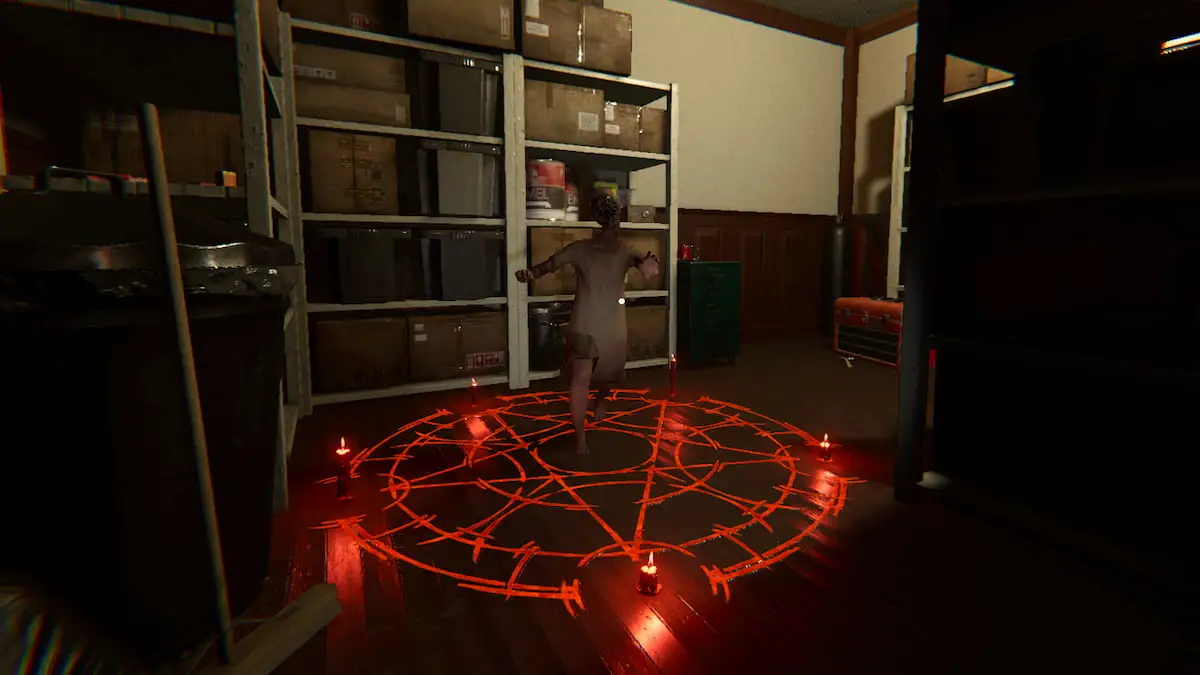 Um pequeno fantasma infantil correndo em um círculo de invocação em fasmofobia