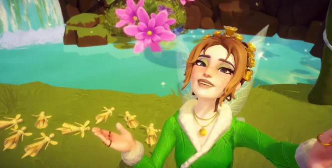 Jogador vestido de fada estendendo a mão sob Fairy Kamut no chão do Disney Dreamlight Valley