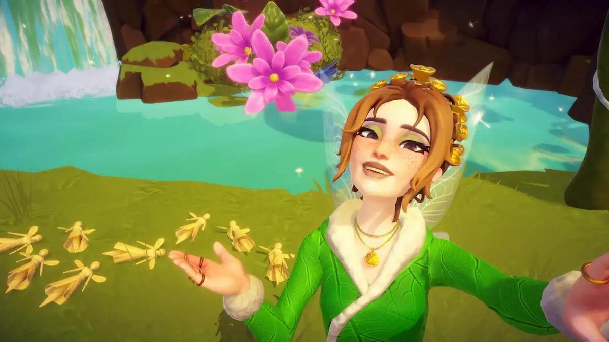 Jogador vestido de fada estendendo a mão sob Fairy Kamut no chão do Disney Dreamlight Valley