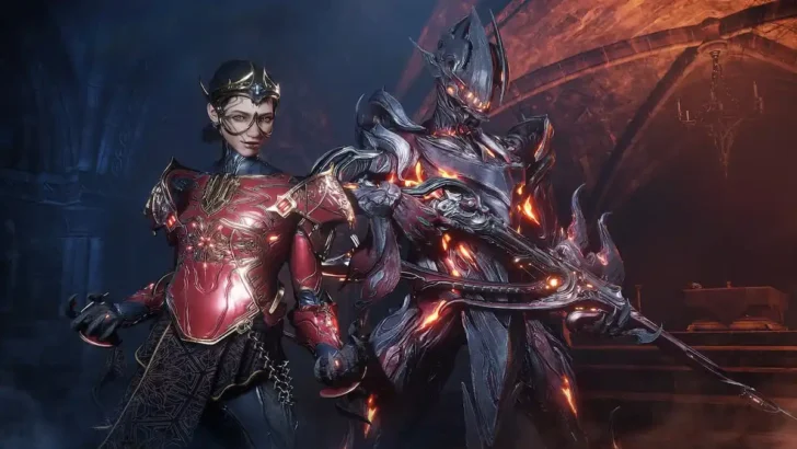 Uriel carregando um Vinquibus com um Tenno ao lado dele na arte promocional do Warframe.