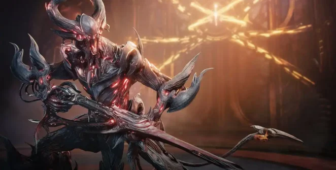 Uriel, o Devil Warframe, segura uma baioneta Vinquibus.