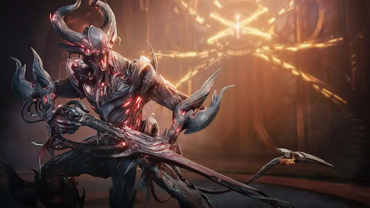 Uriel, o Devil Warframe, segura uma baioneta Vinquibus.